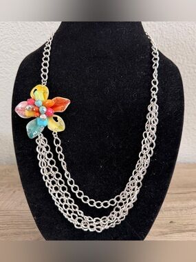 Vintage Signed JJ Floral Necklace Enamel Multicolored Side Focal Silver Tone
